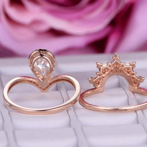 NEW Rose Gold Diamond Pear Cut Crown 2PC Ring Set - Picture 3 of 5